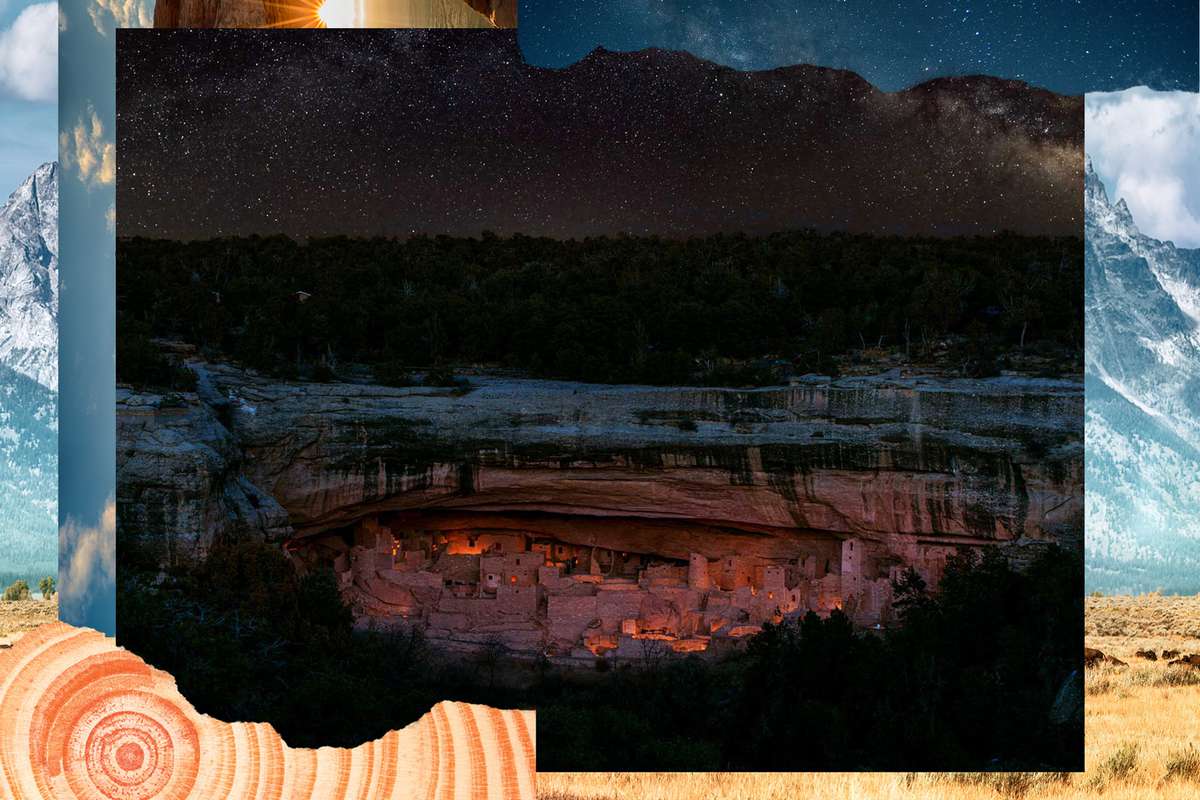 Mesa Verde Cliff Dwellings lit by Lantern light with the Milky Way above.