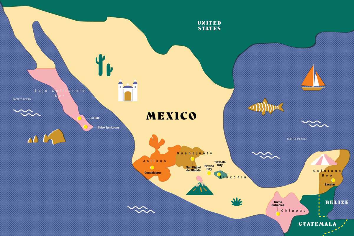 An illustrated map of Mexico
