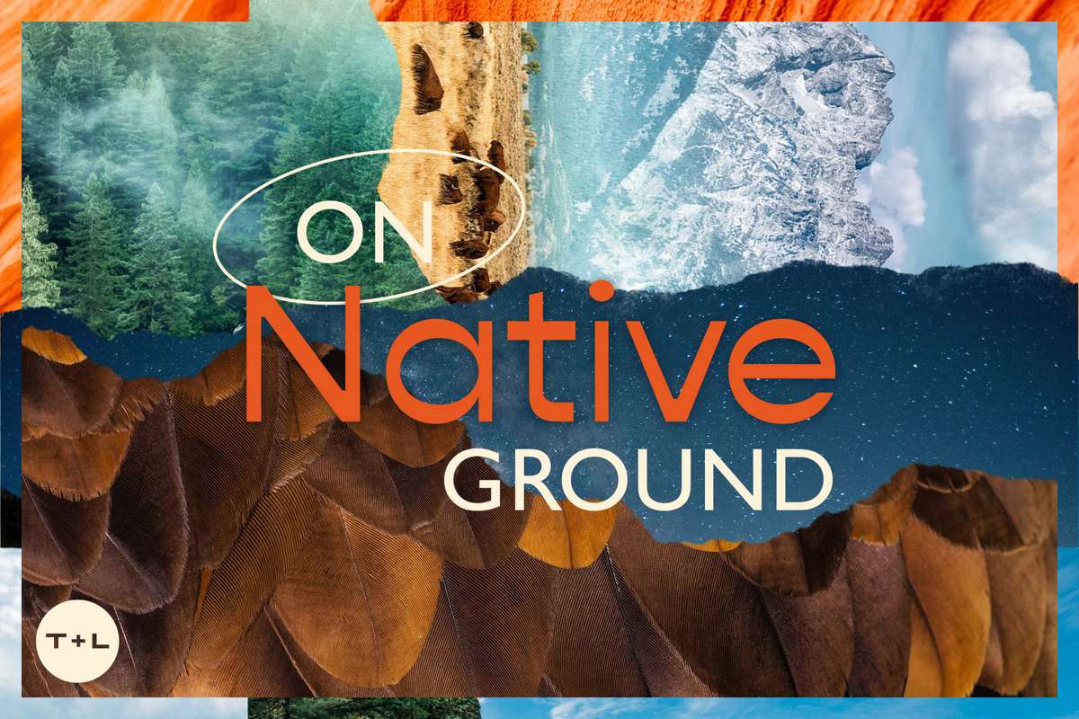 Graphic with "On Native Ground" and collage work of photographs showing earth elements