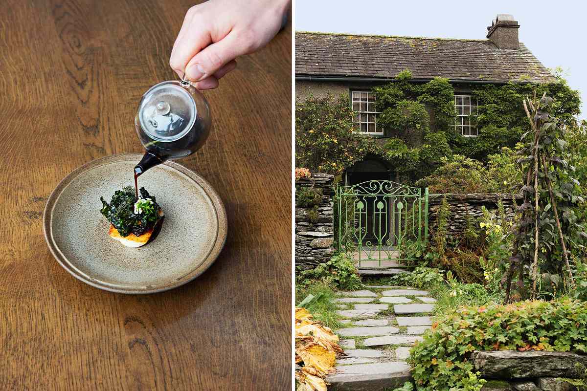 Pair of photos showing a dish at L'Enclume restaurant and the greenery covered exterior of the Beatrix Potter house called Hill Top