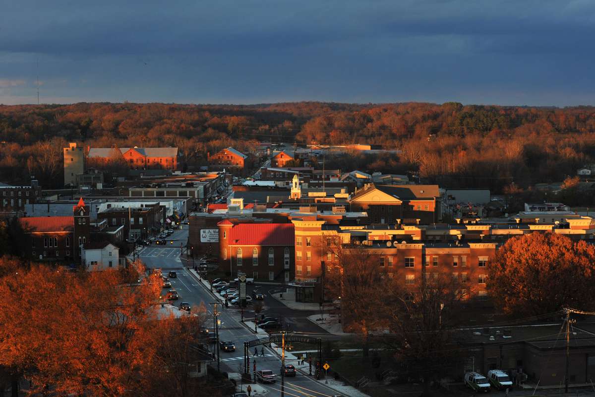 Aerial view during golden hour in autumn of Farmville, Virginia