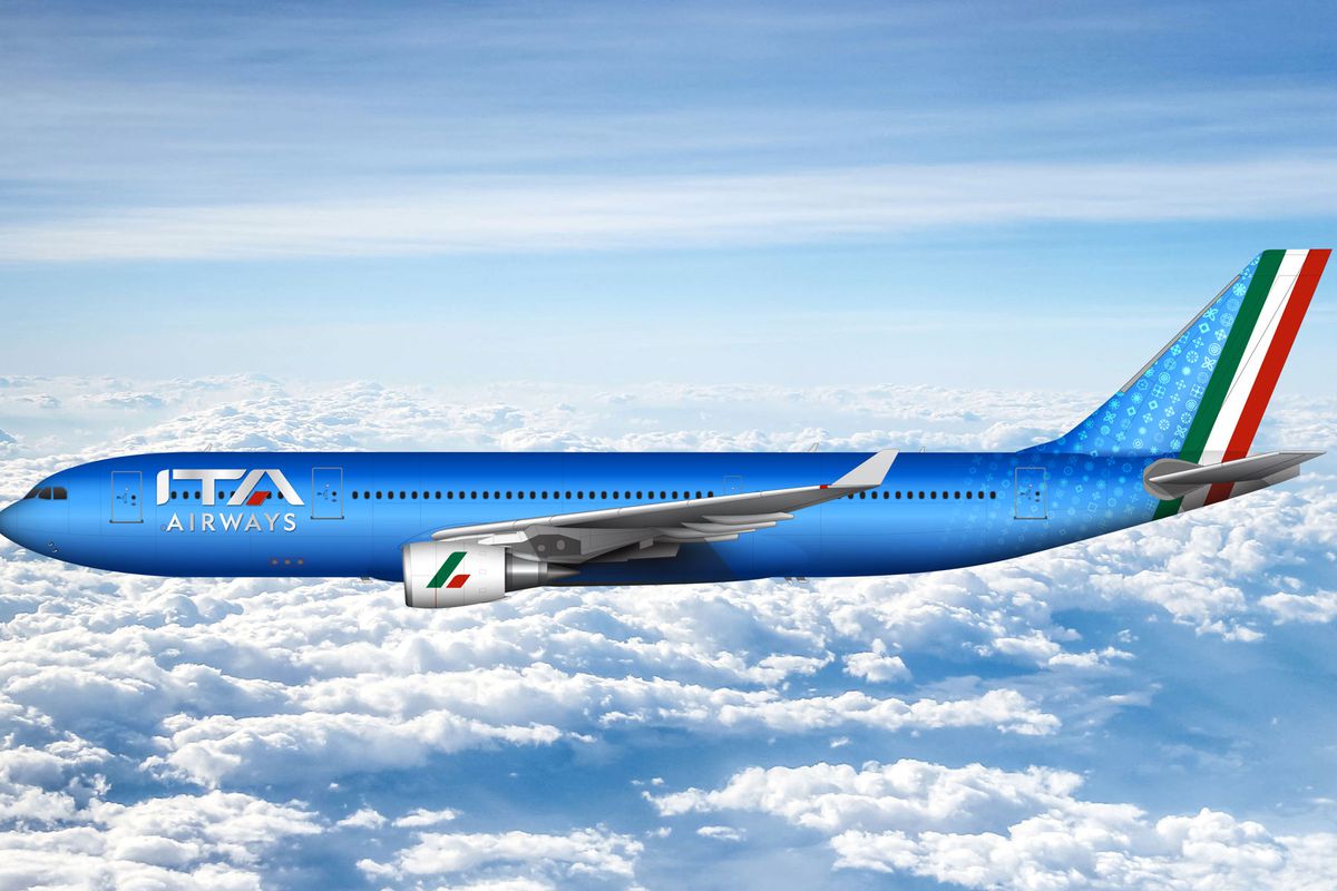A rendering of a blue ITA Airways plane in the sky.