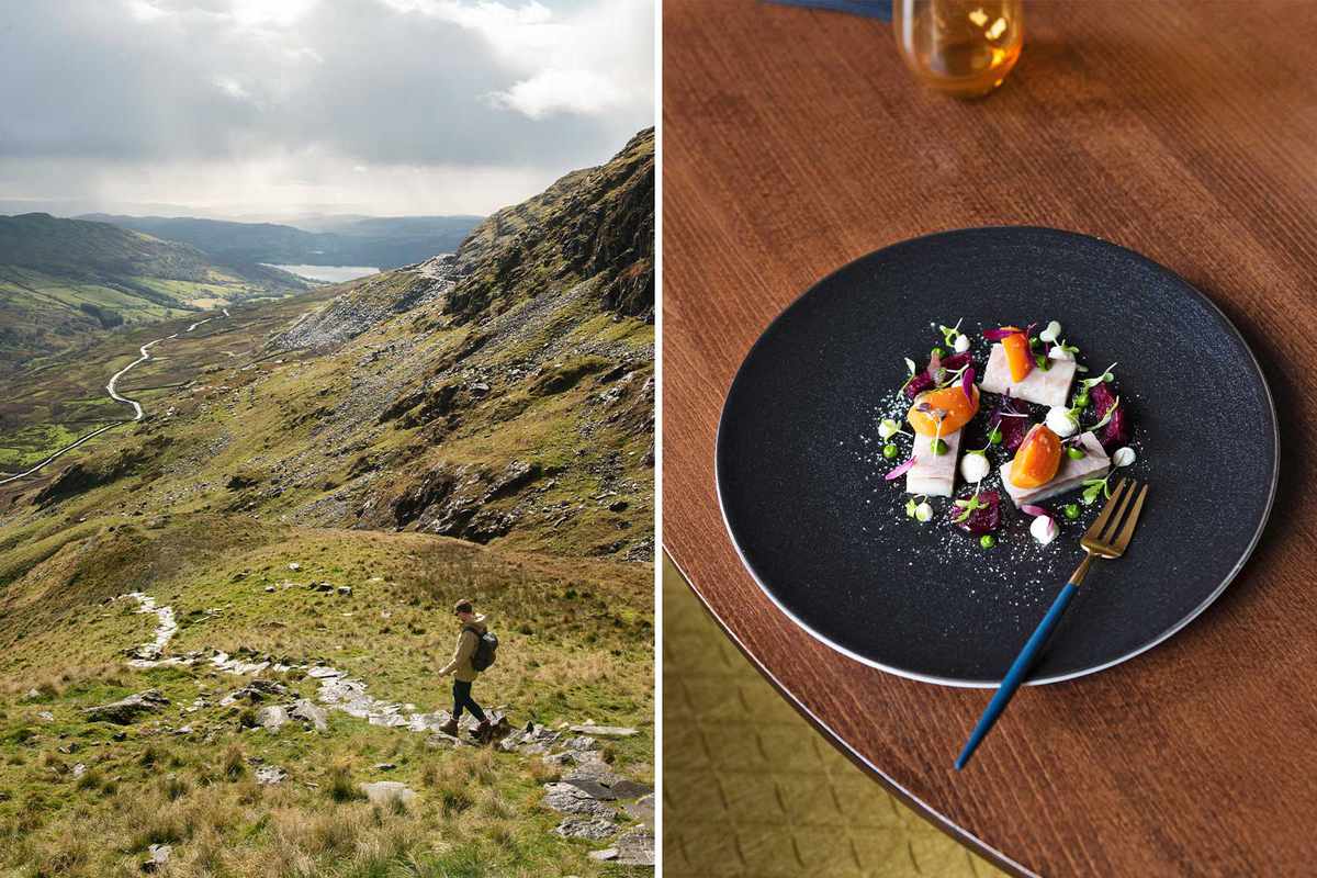 Pair of photos showing a man walking on a trail in England's Lake District, and a dish of beets, eel and goat curd from Henpeck restaurant