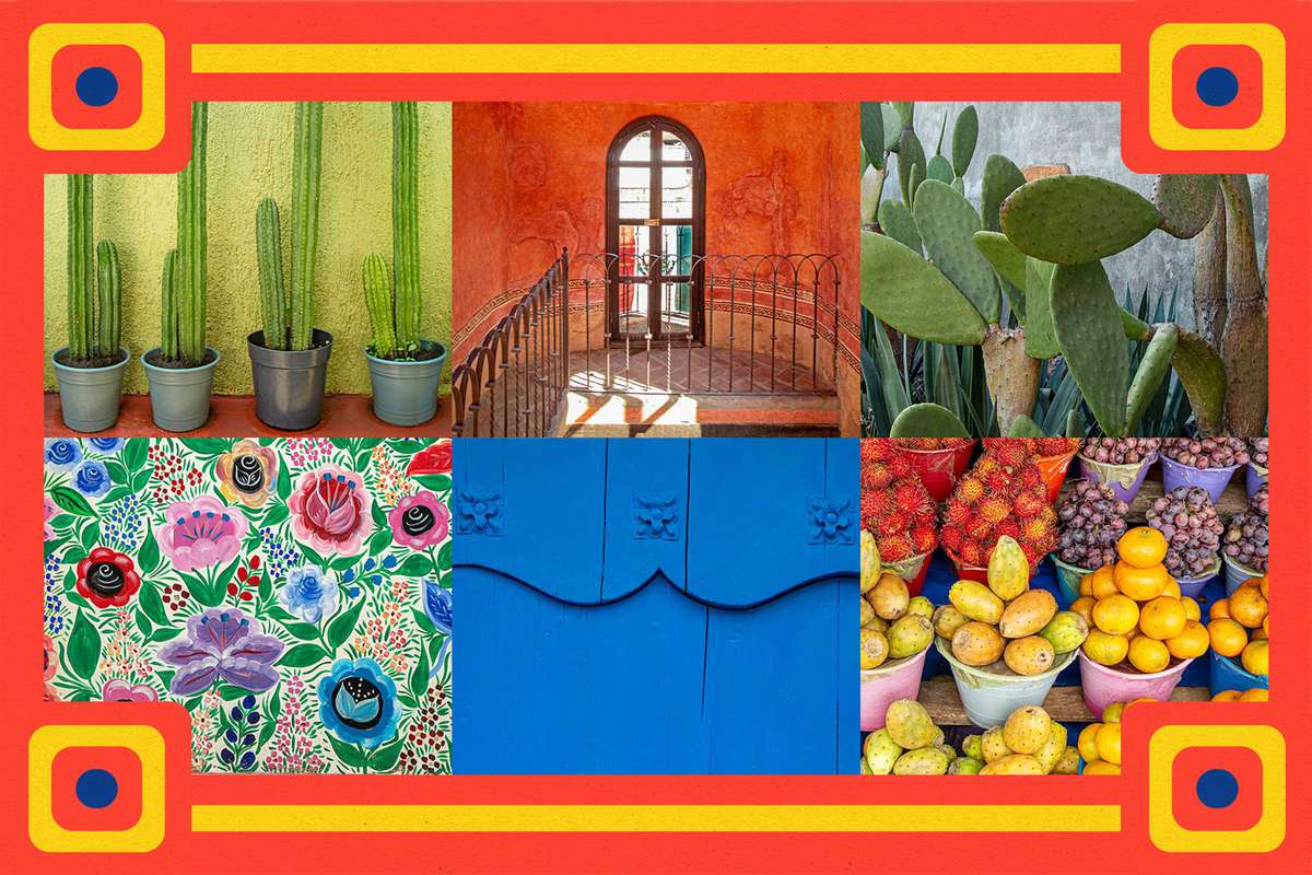 A grid of six images showing colorful details from Mexico, including cacti, murals, doors, windows, and fruit