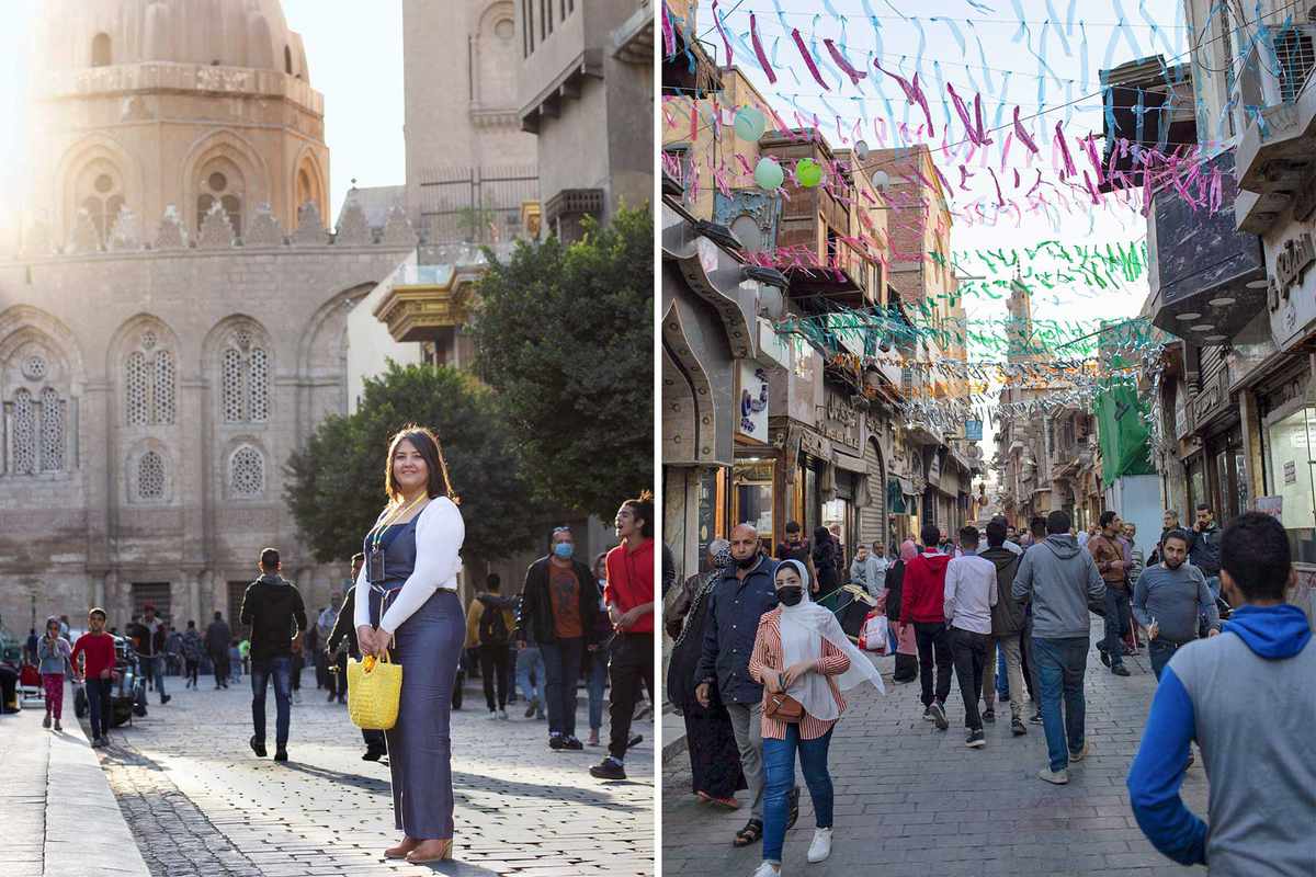 scenes from Cairo, Egypt, including a tour guide standing on a historic street, and a busy city street