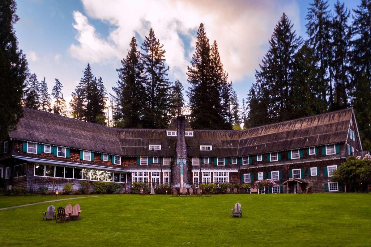 Exterior of the Lake Quinault Lodge During Sunset