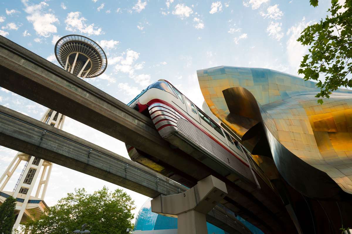 Monorail and EMP Museum designed by Frank Gehry at Seattle Center.