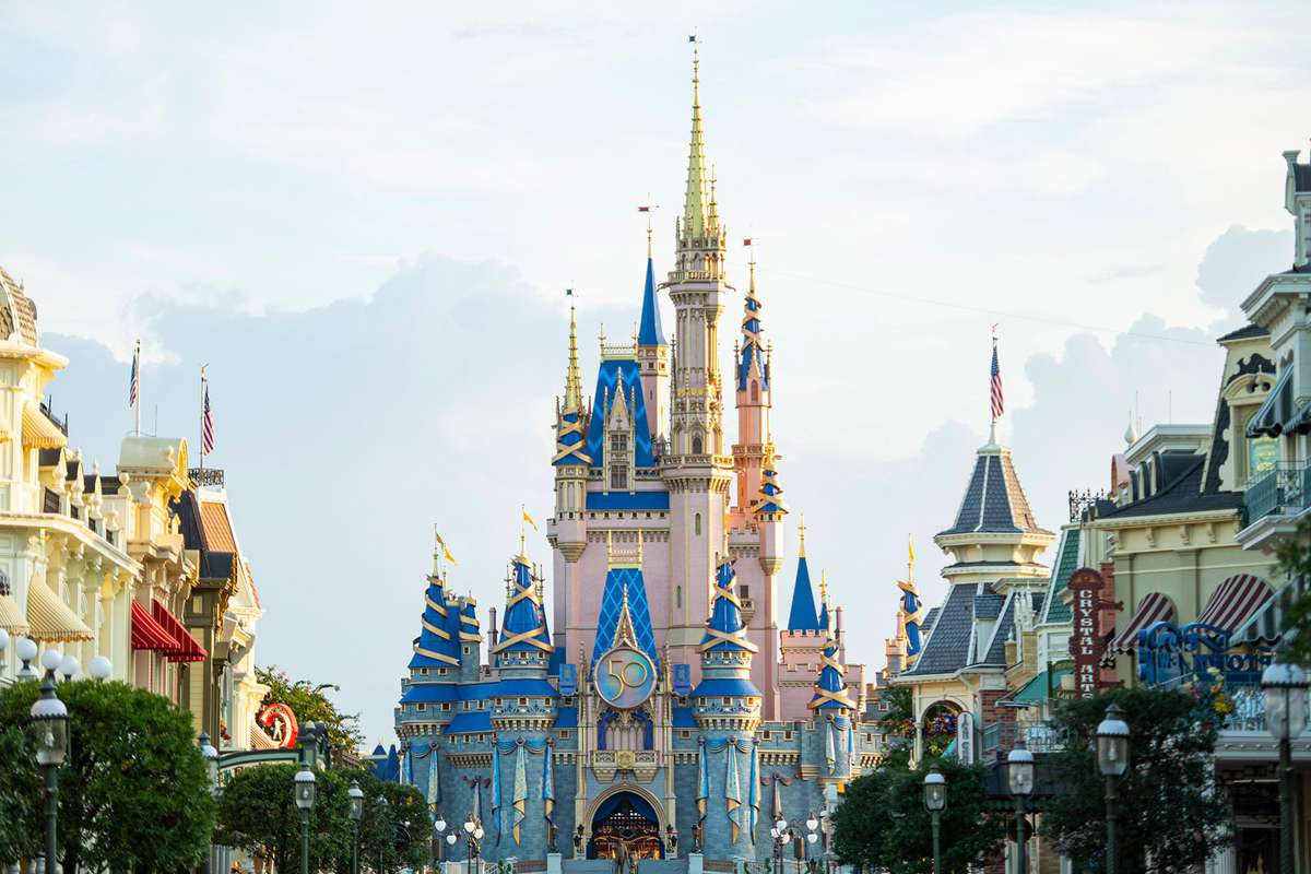 A new crest honoring the 50th anniversary of Walt Disney World Resort adorns Cinderella Castle at Magic Kingdom Park