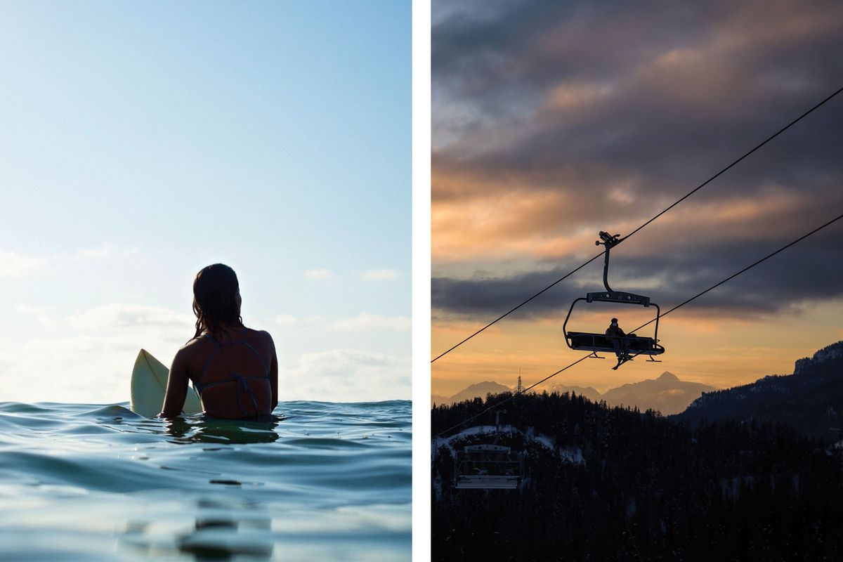 Left Image: Silhouette of person on a surfboard waiting for a wave in the blue ocean water. Right Image: Silhouette of person on a ski lift at sunrise
