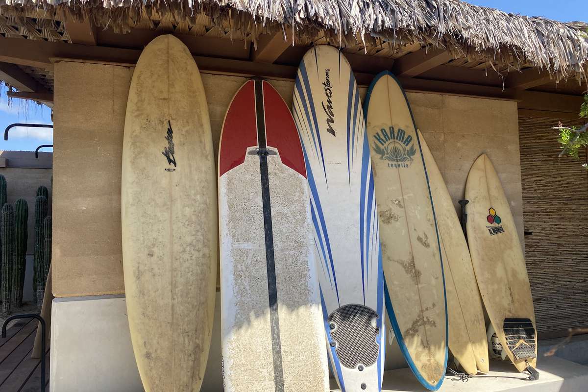 Line of surf boards against a wall