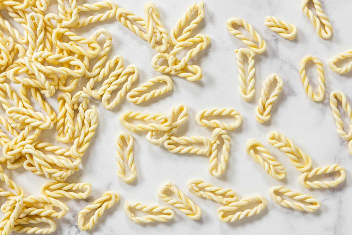 Detail of dried pasta called lorighittas