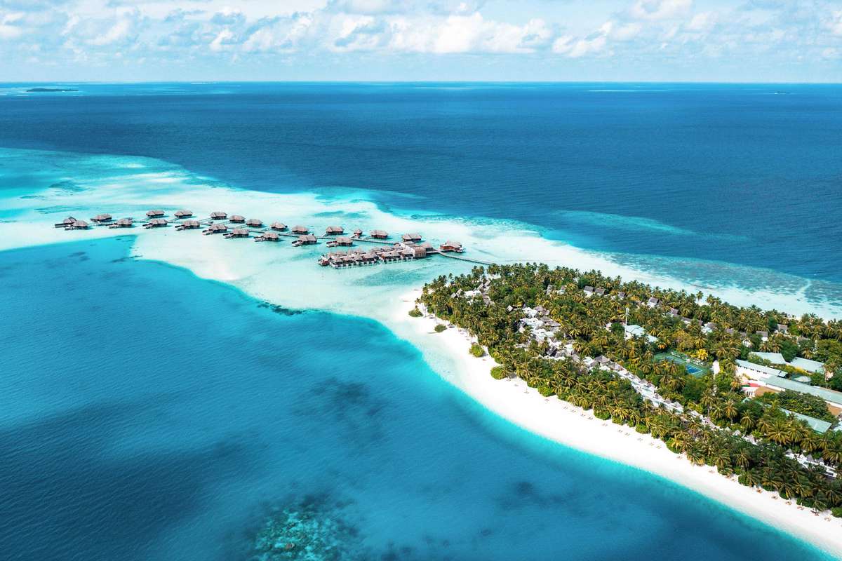 Conrad Maldives Rangali Island, family island aerial view on a sunny day