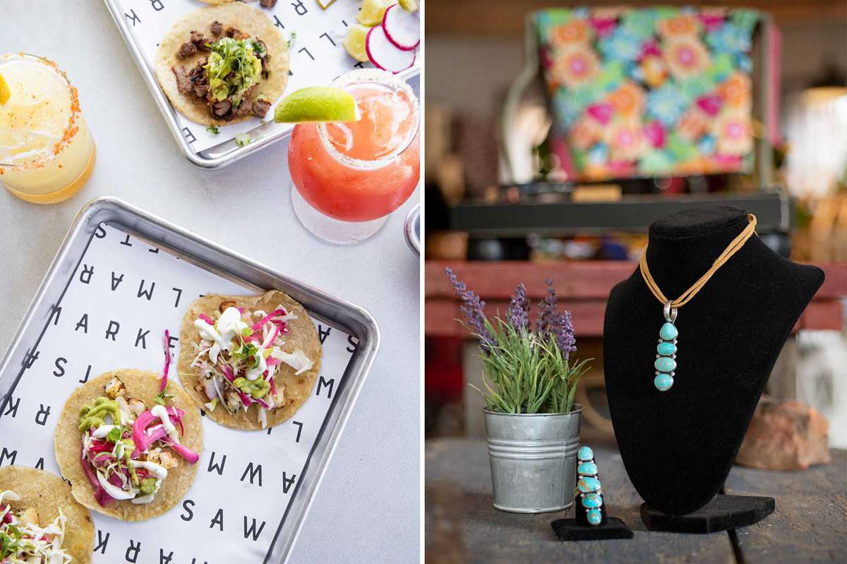 Tacos and turquoise jewelry shown in photos from marketplaces in Albuquerque, New Mexico