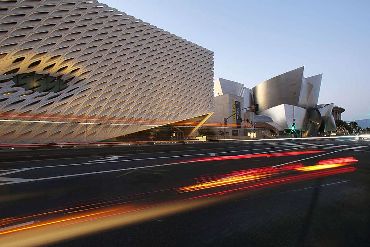 Exterior view of the Broad Museum, Walt Disney Concert Hall and the Dorothy Chandler Pavilion on Grand Avenue