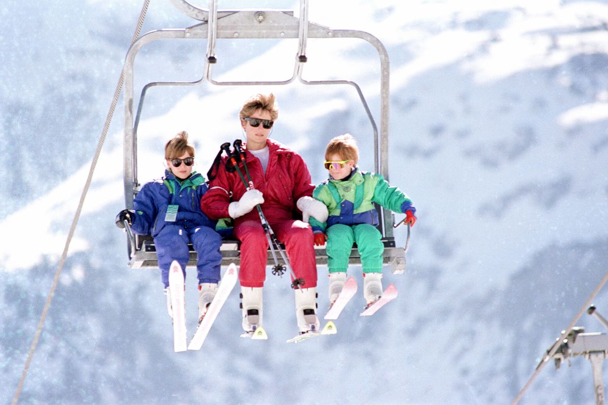 Princess Diana and children, pictured on ski lift , The Alps, Switzerland, Sunday 7th April 1991.