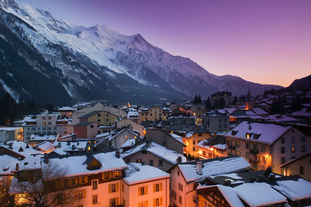 France, Haute Savoie, Chamonix, rooftops, evening, winter