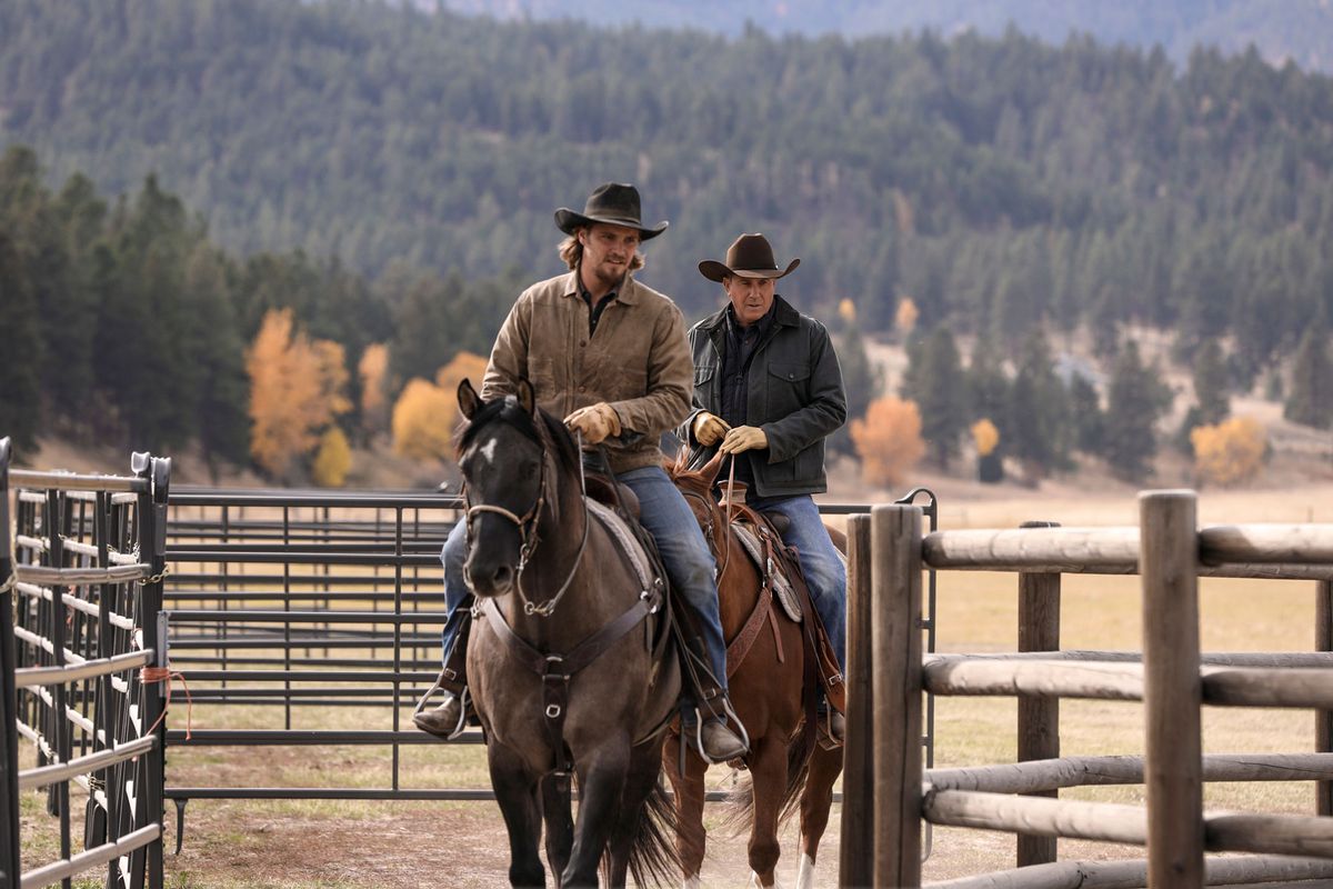 Luke (L-Luke Grimes) and John (R-Kevin Costner) take a break from their problems on the Dutton Ranch with a ride on Paramount Network's hit drama series "Yellowstone."
