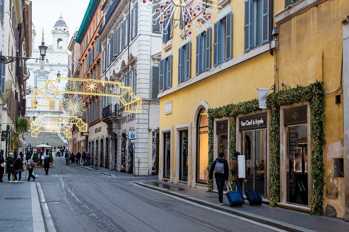 Christmas lights up in the streets of the centre of Rome