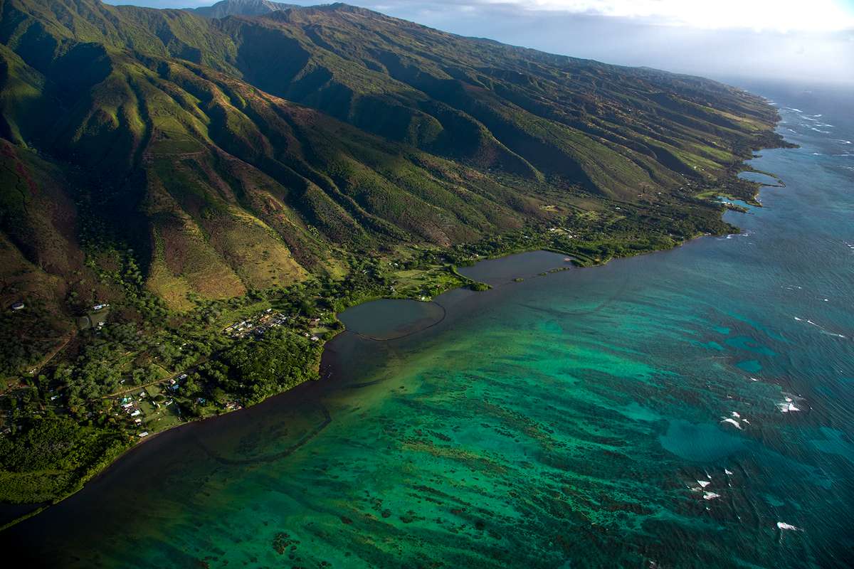 Aerial view of Molokai coast and mountain, Hawaii