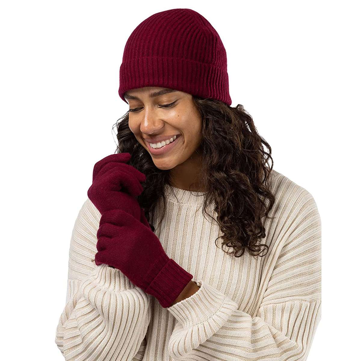 Amazon Fishers Finery Women's 100% Pure Cashmere Ribbed Hat Glove Set