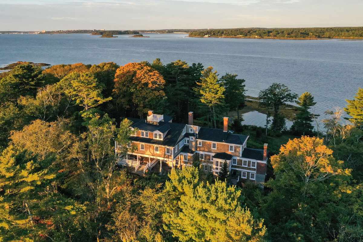 Aerial view of estate house on Clapboard Island in Maine