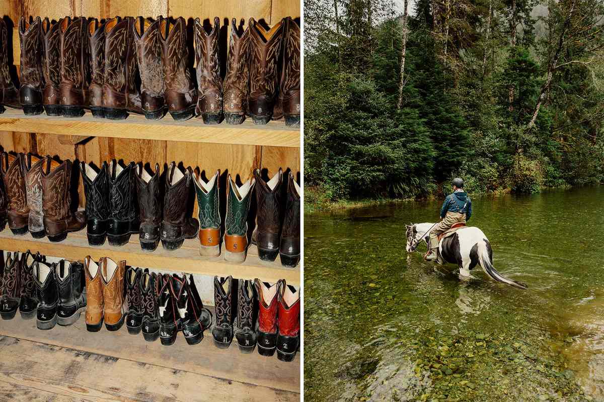 Two photos from Clayoquot Wilderness Lodge, showing boots on shelves in the property's boot room, and a man riding a horse across a stream