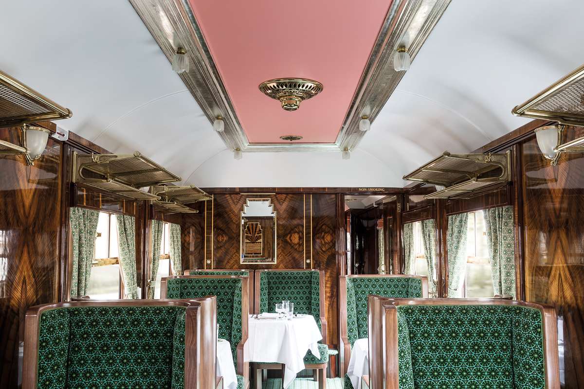 The dining car on the British Pullman, A Belmond Train x Wes Anderson