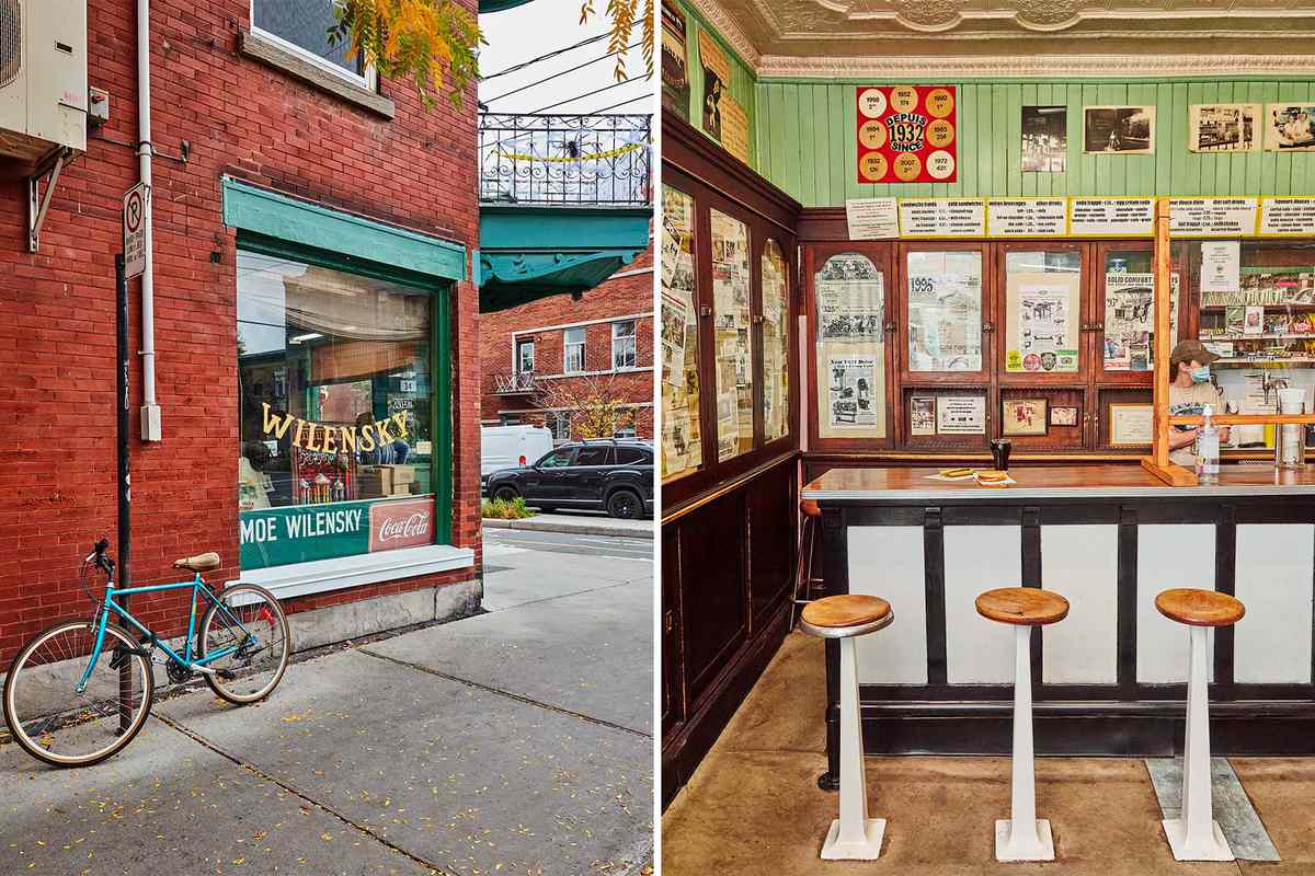 Two photos of Wilensky’s Light Lunch in Montreal, Canada, showing the exterior and the lunch counter