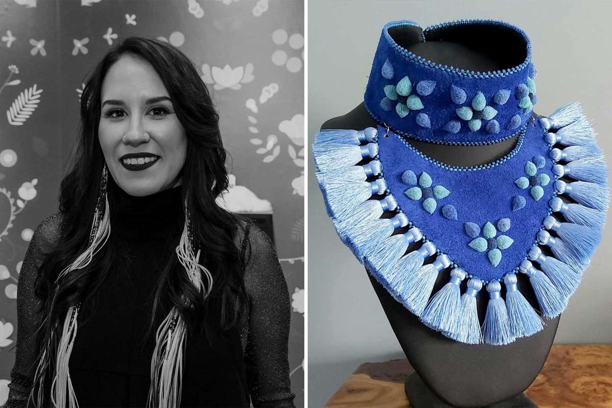 Two photos showing Canadian designer Catherine Blackburn, and a necklace of her design