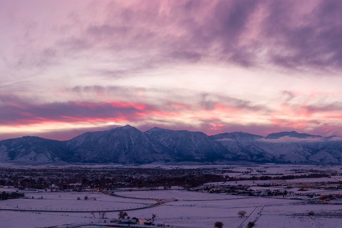 Aerial view of Carson Valley in the winter during dusk