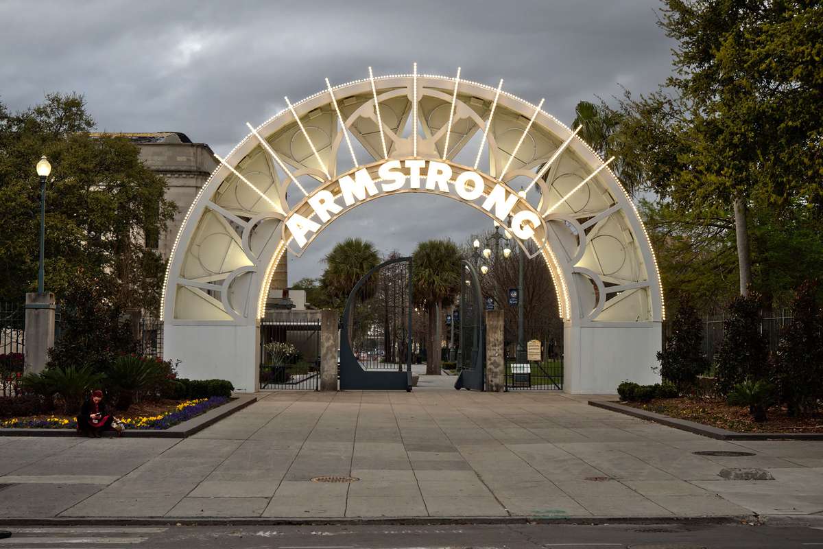 View of the entrance to the Louis Armstrong Park at dusk, located in the Tremé neighborhood, near the French Quarter.