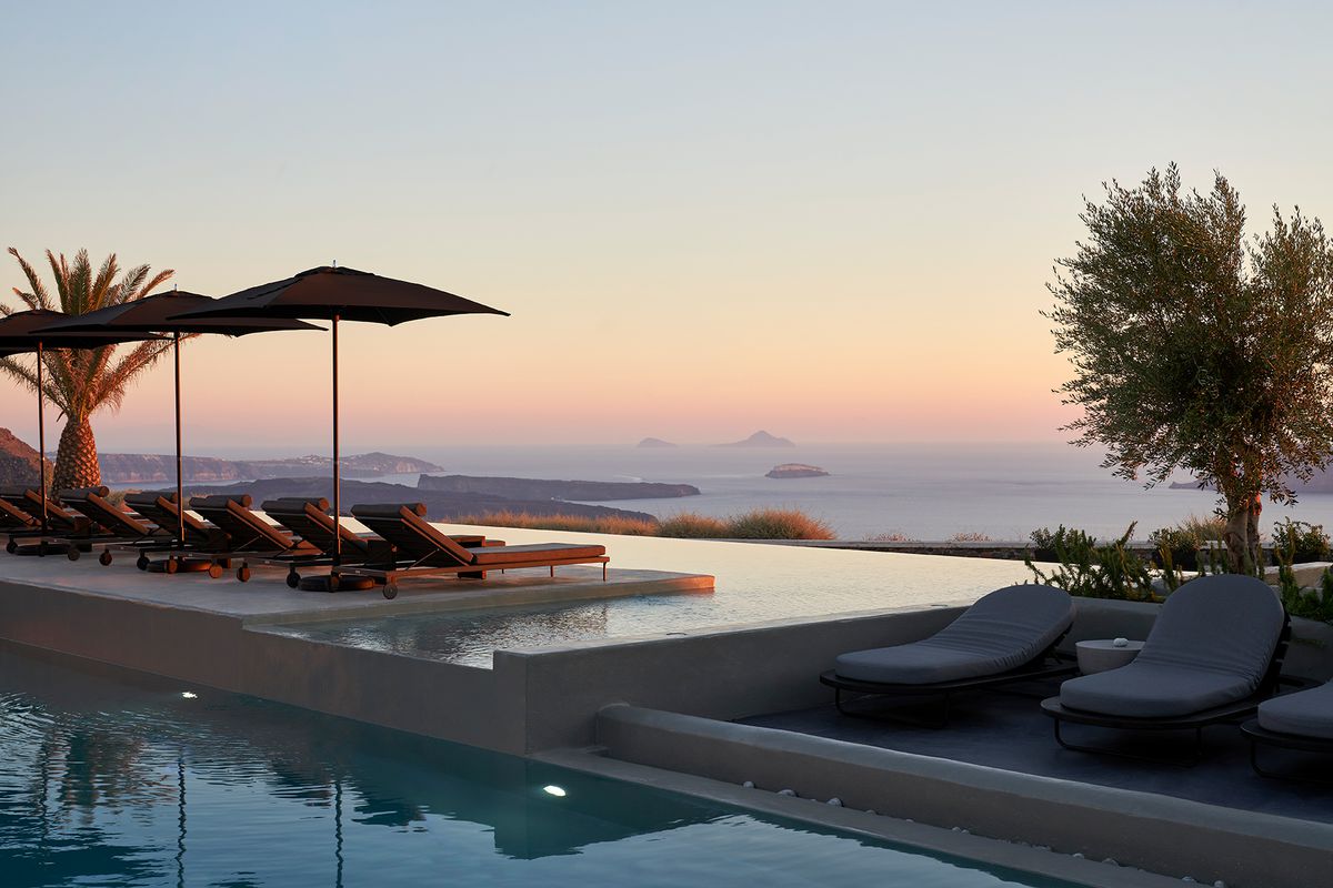 Sunset View from the infinity pool at Nobu Santorini
