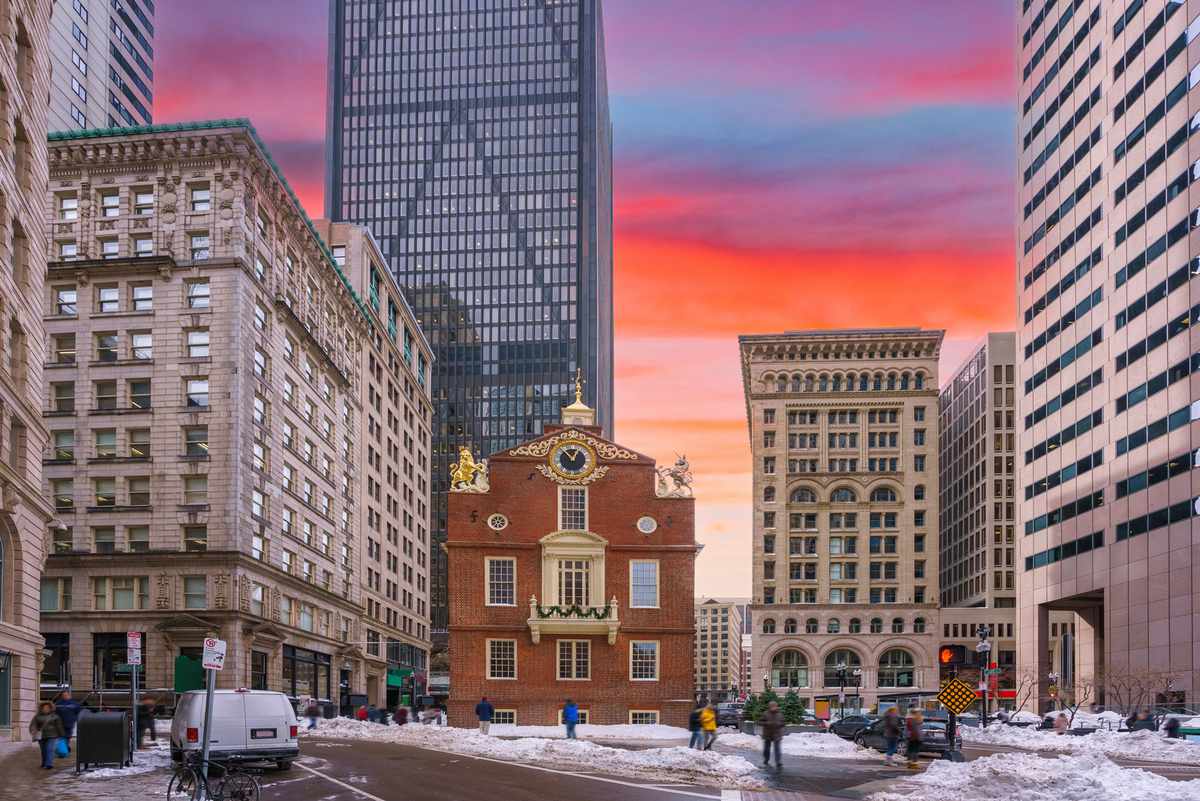 Boston Old state house during a winter sunset