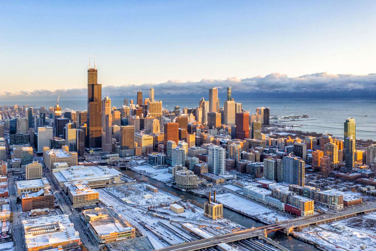 Aerial view of Chicago at dawn after snowfall