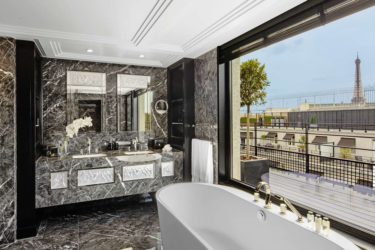 The bathroom inside the Prince de Galles, a Luxury Collection Hotel, Paris “Lalique Suite”