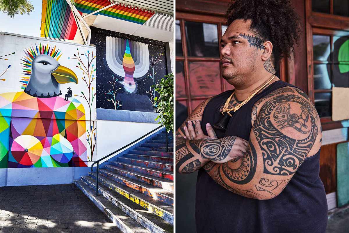 Pair of photos from Papeete, Tahiti, showing rainbow-colored street art on the side of a building, and a portrait of tattoo artist Patu