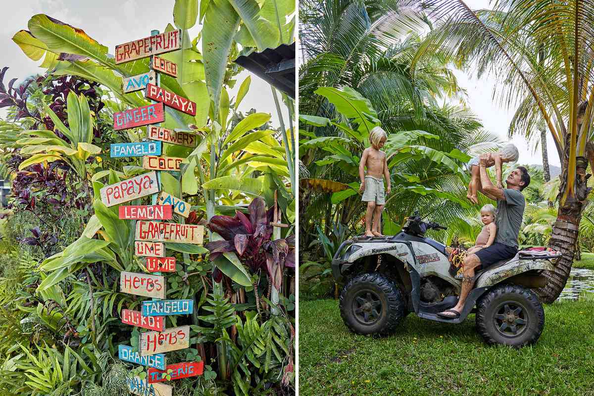 Pair of photos from Kauai, showing signs for fruit for sale, and a man and his children on an ATV