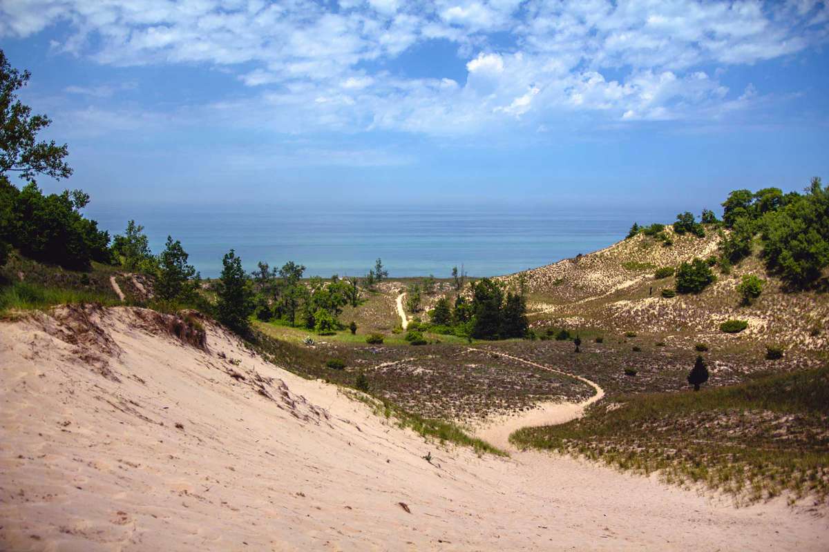 View of Lake Michigan over the dunes at Indiana Dunes National Park