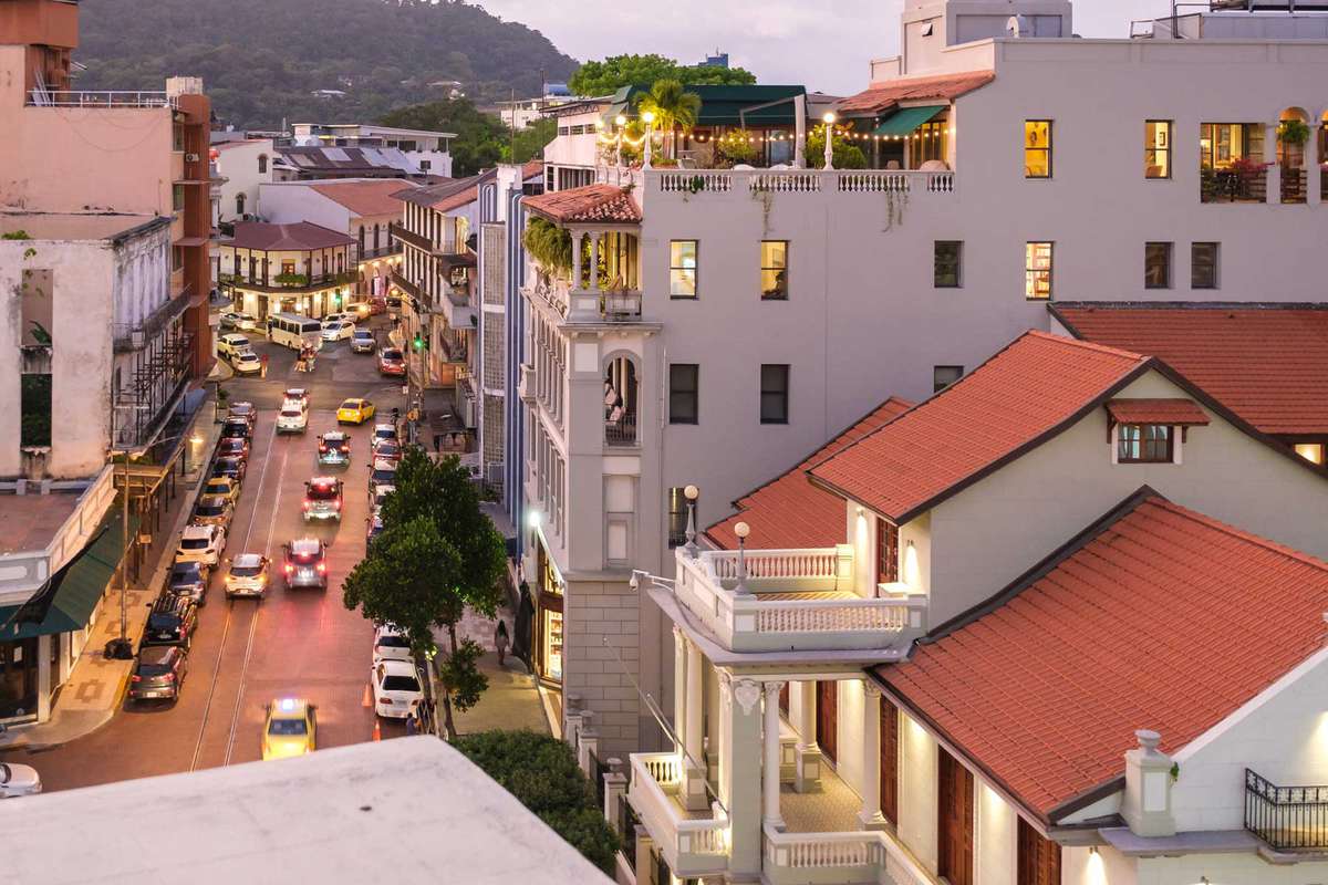 Looking down at a Main Street in Casco Viejo, Panama