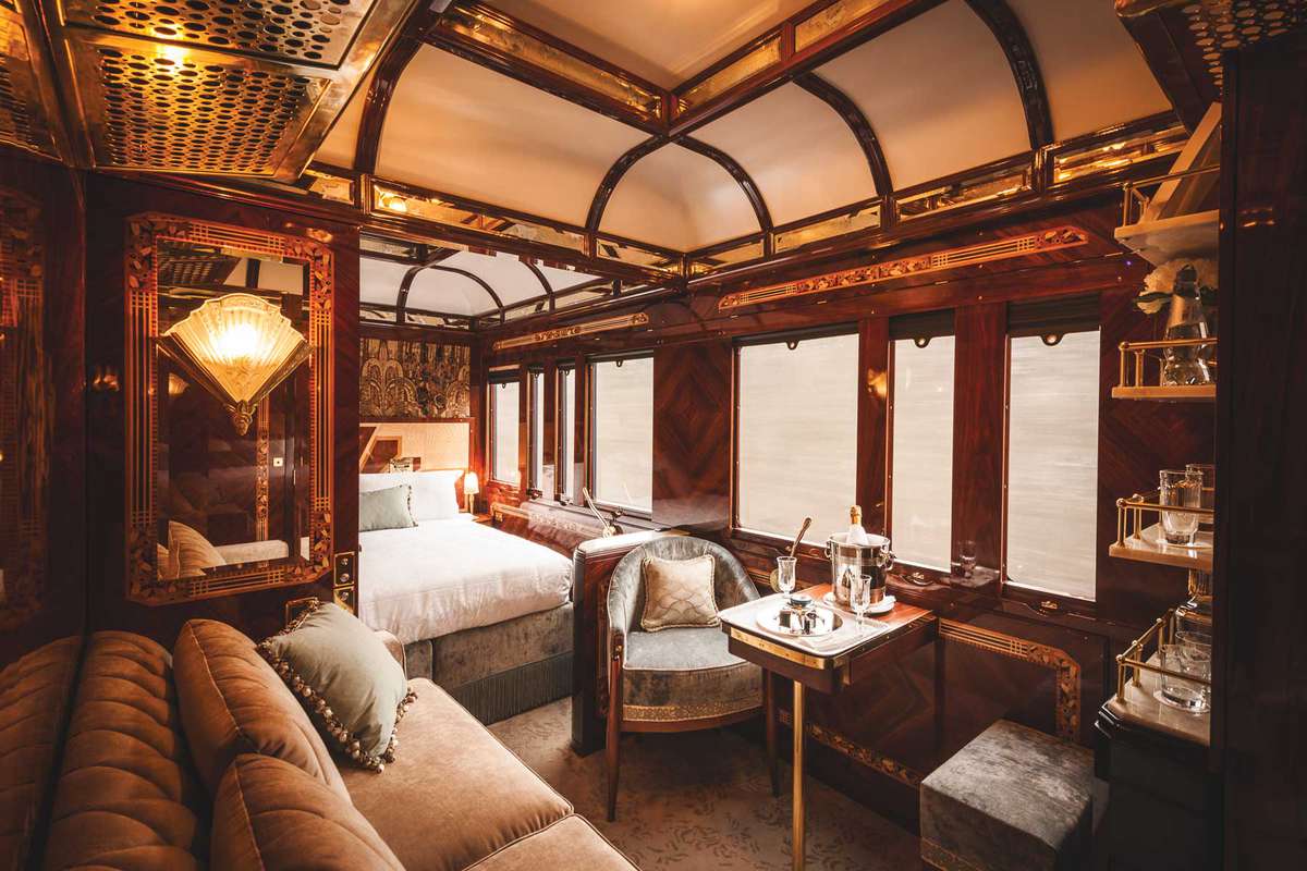 Venice Simplon Orient Express Belmond train with Veuve Cliquot theme