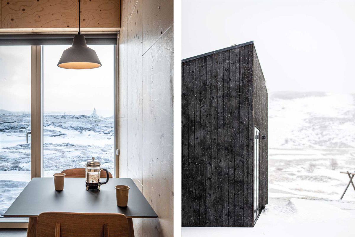 Studio Heima's Aska modern cabin in Iceland, in winter