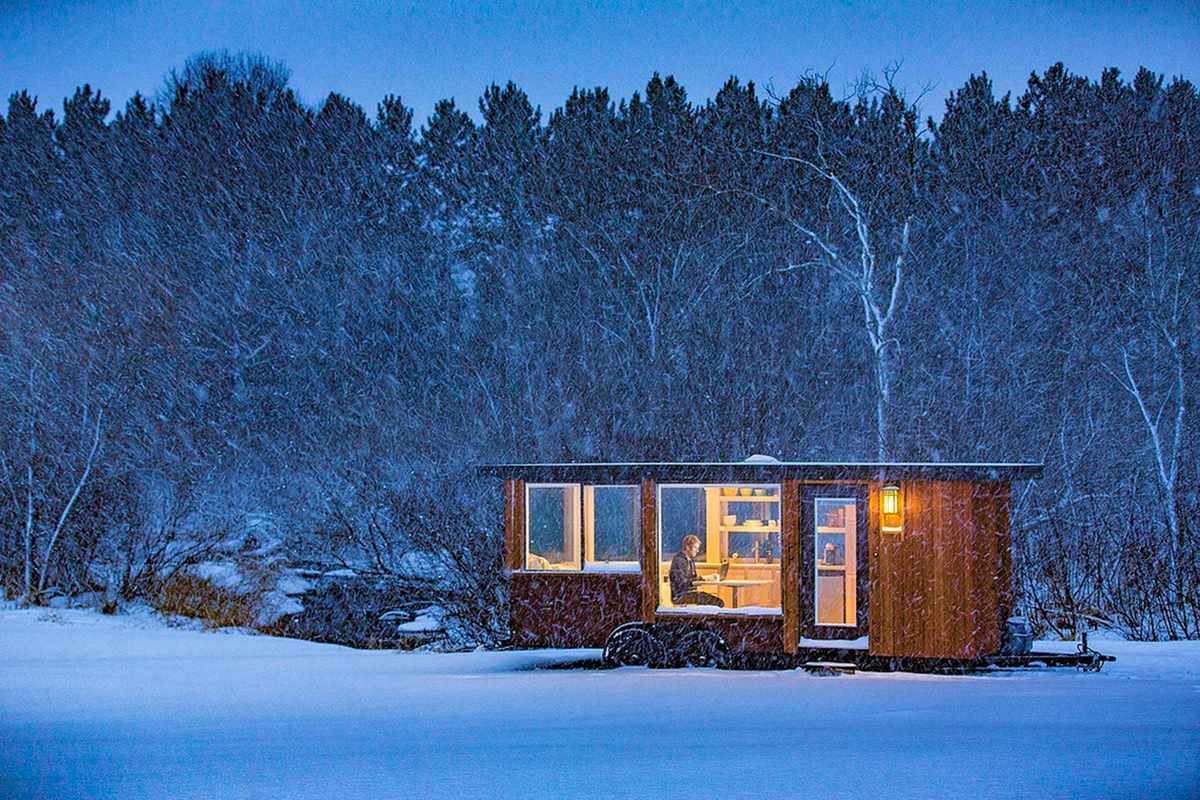 Exterior of The Glass House: A Hudson Valley Tiny Home Escape in the snow