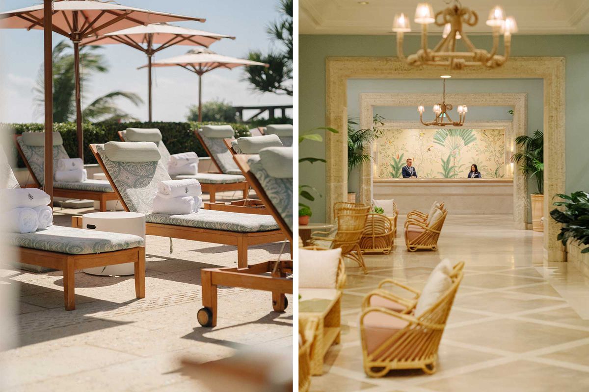 Two photos from the Four Seasons Resort Palm Beach, including chairs on the pool deck, and hotel's lobby