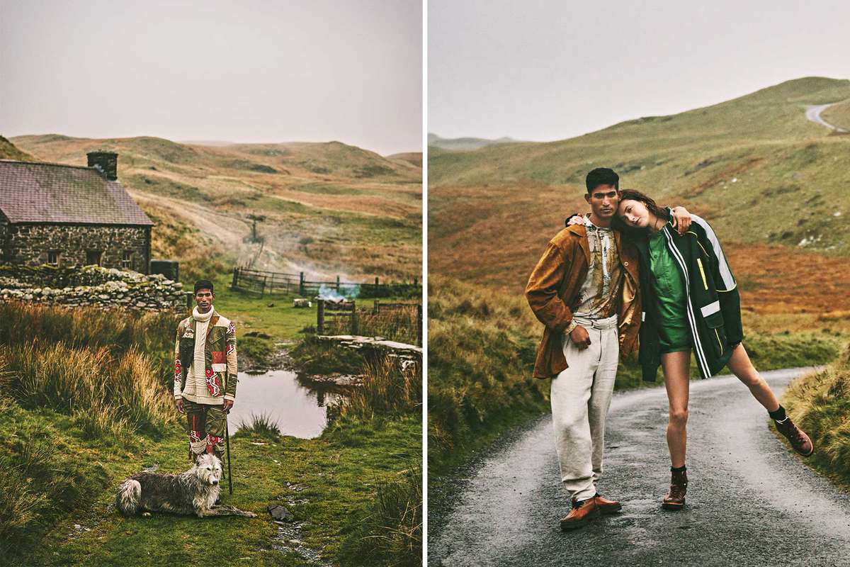 Two photos showing models styled in hiking chic clothes on Wales' Cambrian Way