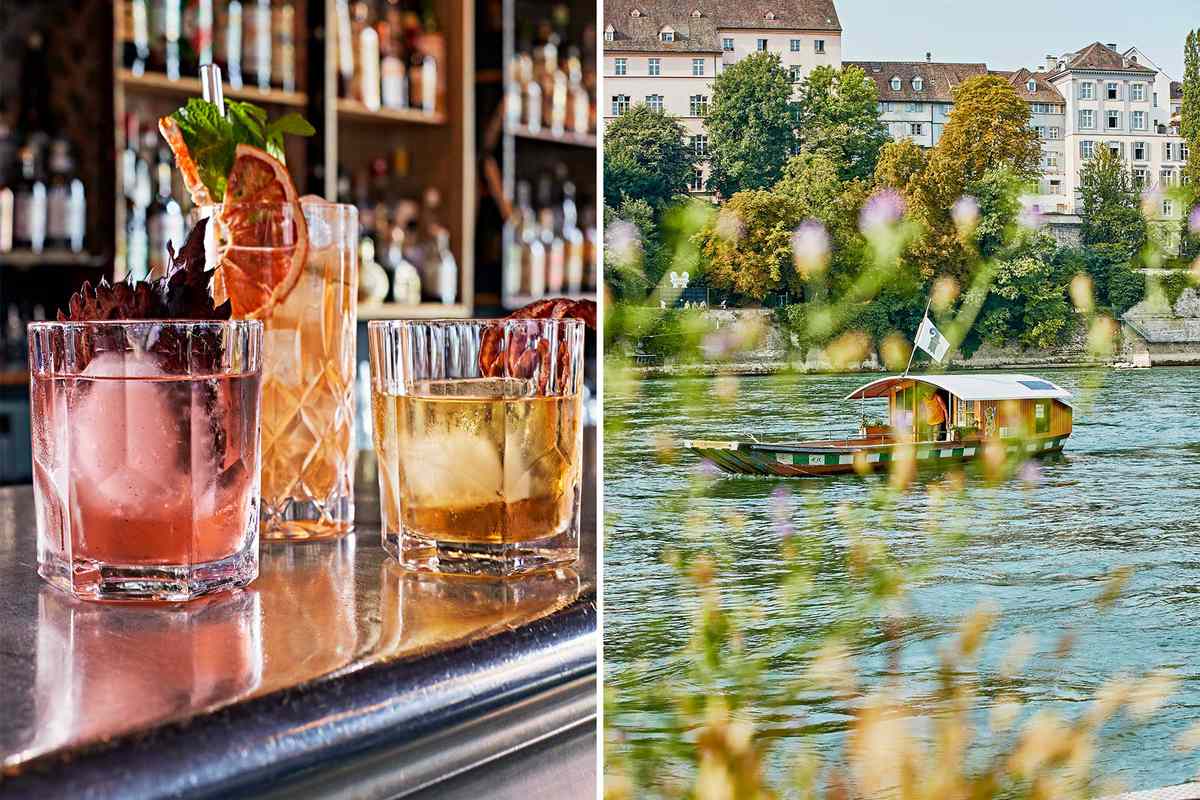 Two scenes from Basel, Switzerland, including cocktails on a bar, and a motorless ferry