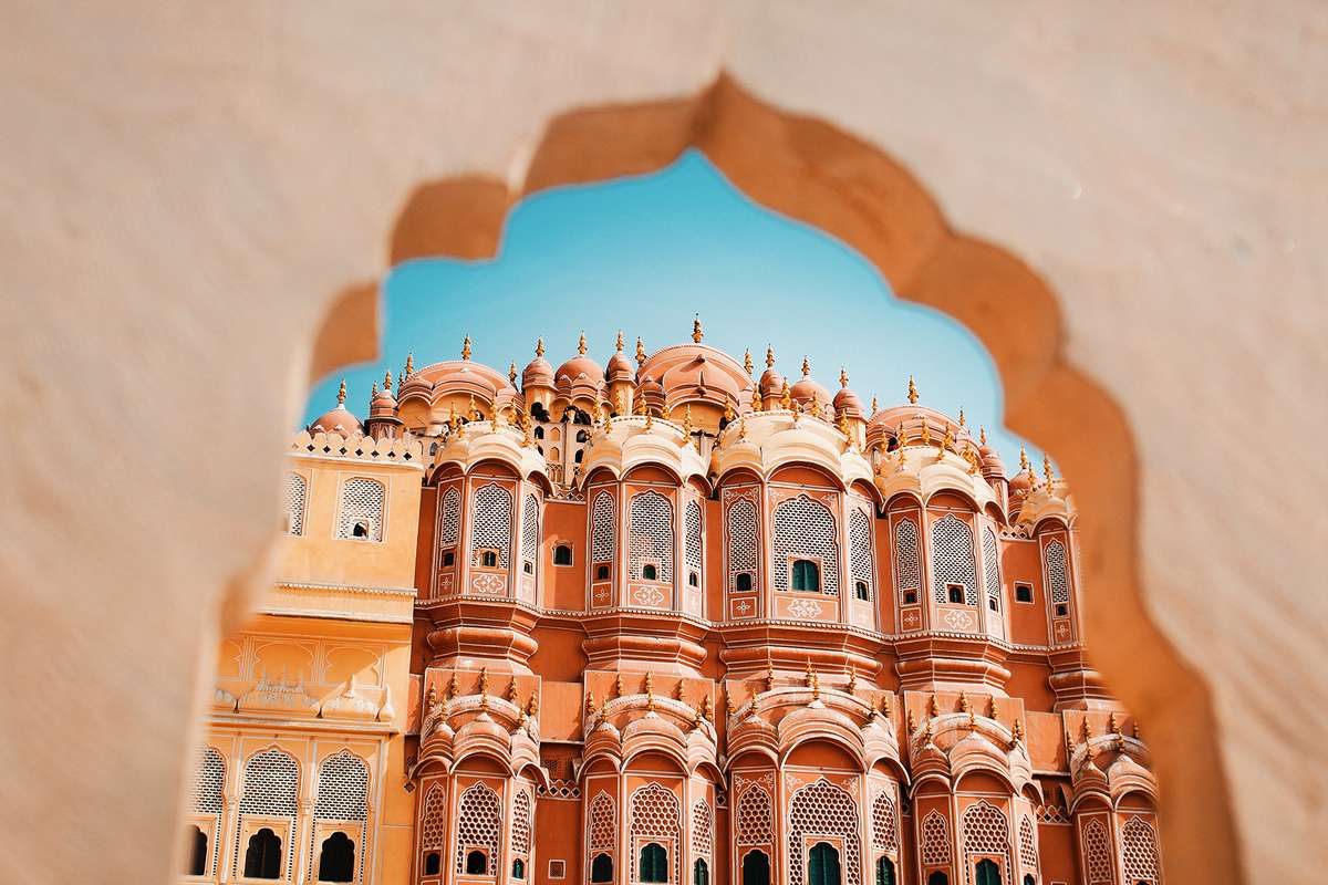Inside of the Hawa Mahal or The palace of winds at Jaipur India. It is constructed of red and pink sandstone.
