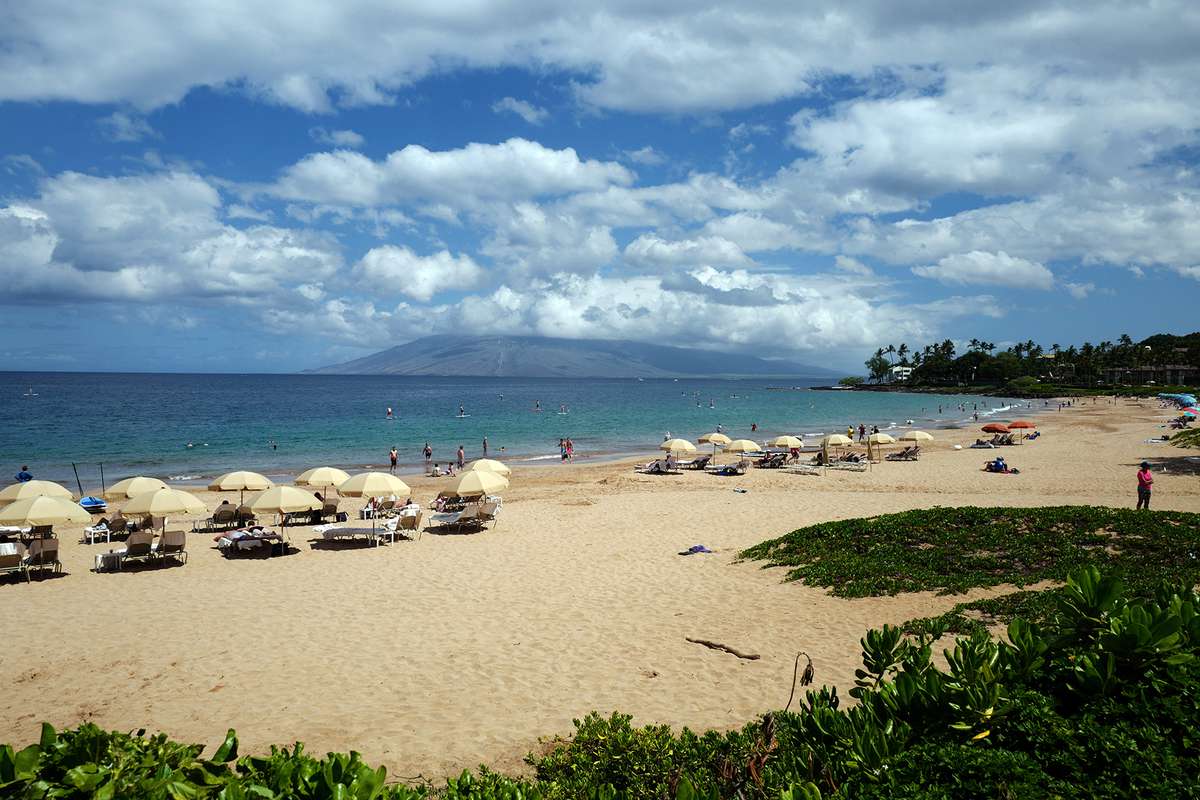 Wailea beach on a sunny day with Puu Kukui mountain visible in the background, Wailea, Maui,