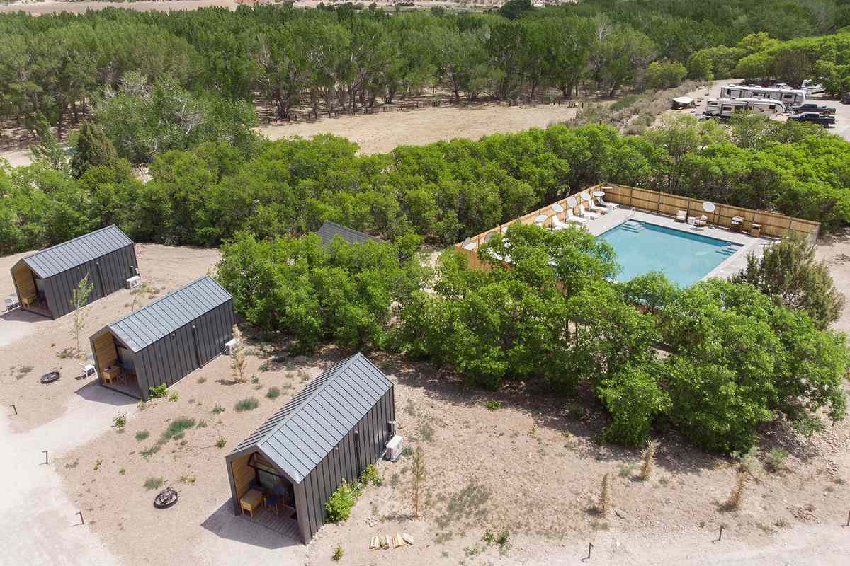 Aerial view of cabins and the pool at Yonder Escalante