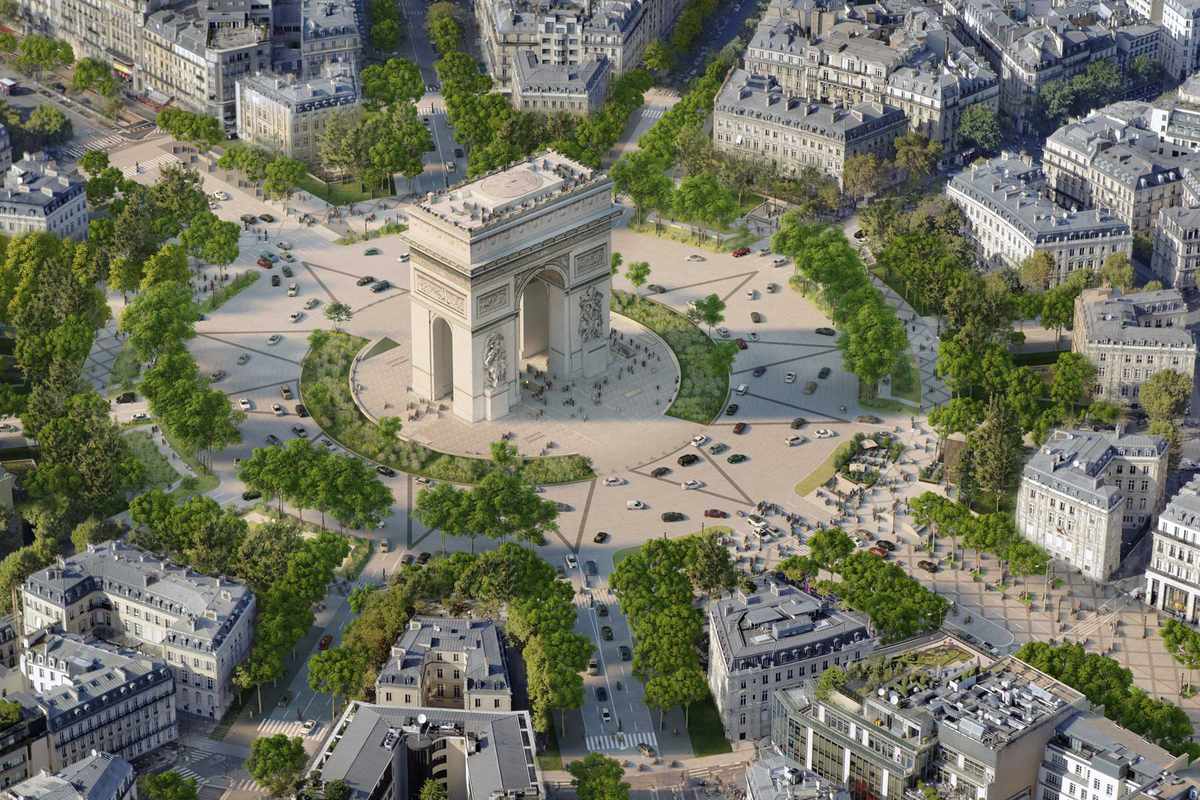Rendering of planned refurbished pedestrian areas around the Champs Elysees in Paris, France