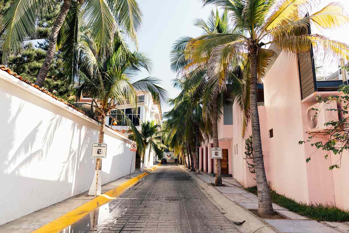 Side street with palm trees in Puerto Escondido.